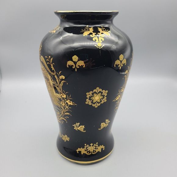 PORCELAIN  Victorian Style BLACK & GOLD VASE Porcelain  8" excellent Condition - Picture 6 of 13